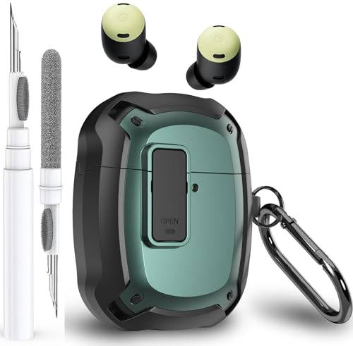 Olytop for Google Pixel Buds Pro/Pro 2 Case Cover with Lock Clip & Cleaner Pen 2022/2024 Shockproof Protective Hard Shell Skin with Carabiner Men Women - Black/Green