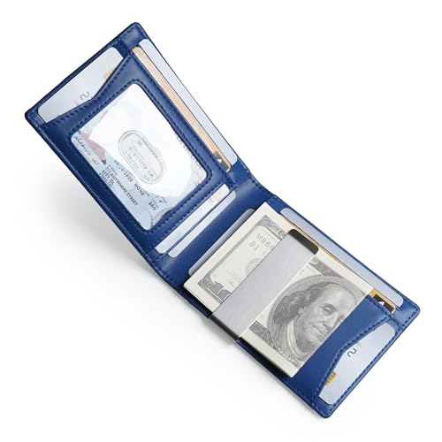 Image of Slim Bifold Wallet for man with Money Clip - RFID Blocking, Multiple Credit Card Pockets - Sleek and Versatile Design - Genuine Leather - Ideal for Cash and Cards (Black - Blue)