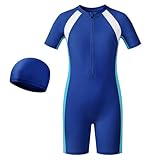 Baogaier Jungen Schwimmanzug mit Badekappe Kinder Kurzarm Einteiler Badeanzug mit Reißverschluss Sommerkleidung Bademode Schwimmbekleidung für Strand Pool Schwimmkurs 6-7 Jahre, Blau
