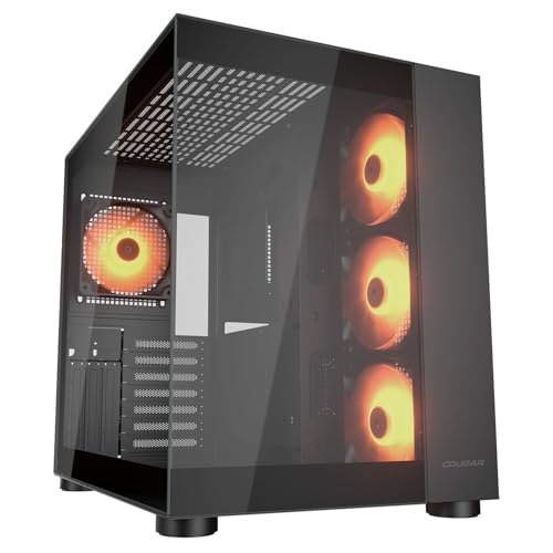 Gabinete para PC Cougar FV150 RGB Mid Tower, soporta GPU hasta 400 mm, con 3 ventiladores ARGB de 120 mm en el lateral y 1 ventilador ARGB de 120 mm trasero, color negro