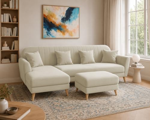 Image of Atticus LHS 6 Seater L Shape Sofa Set with Ottoman Living Room (Cream Colour Fabric) Premium Fabric Sofa Set for Living Room