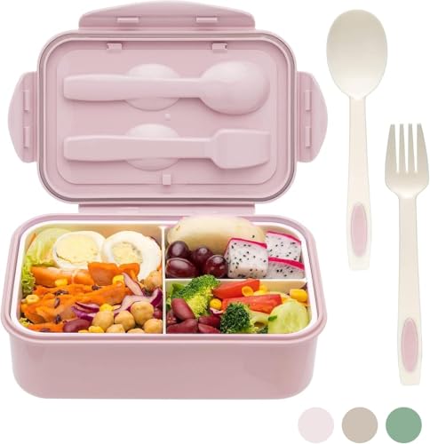 Wsetyy Pink Bento Lunch Box with Compartments, Leakproof Food Lunch Containers with Fork Spoon, Meal Prep Container Sandwich Box, Dishwasher Micro-Wave Safe