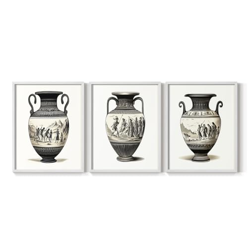 Renditions Gallery Set of 3 Peel & Stick Framed Prints, Pottery Wall Art, Ancient Greek Vase Wall Decor, Re-Stickable - Ready to Hang - 22"x28" - White Frame LT597