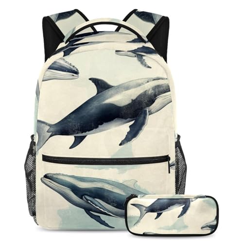Sac à dos baleine rétro avec trousse pour l'école et les voyages