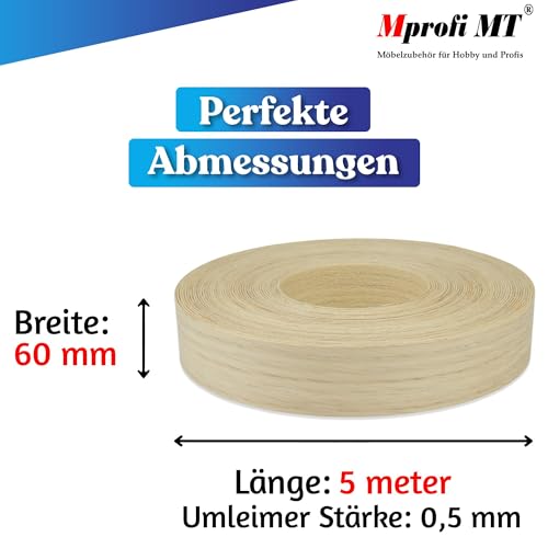 Mprofi MT® Kantenumleimer Eiche | 60 mm x 5 m | Echtholz Furnier Kantenband | Bügelkantenumleimer für Regale und Möbelplatten | Kantenumleimer mit Schmelzkleber | Bügelkante für Möbel – HR/60/5