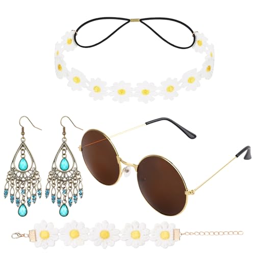 AOOWU Hippie Accessories Set 6 Pcs 60s 70s Hippy Dressing Accessory Women Supplies Star Glasses Earrings wristband and Colorful Sunflower Headband Hippie Party Supplies