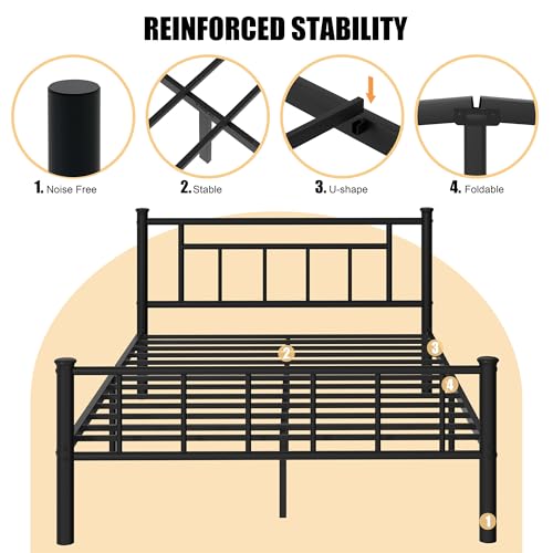 Image of Shintenchi Full Size Metal Platform Bed Frame with Headboard & Footboard, Steel Slat Mattress Foundation, Under Bed Storage, Noise-Free, No Box Spring Needed, Black Square