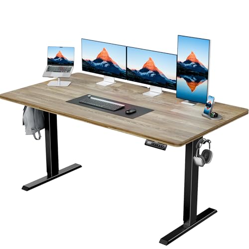 HUANUO 55" x 28" Electric Standing Desk Adjustable Height, 4 Memory Height Settings, Headphone Hook, Cable Manager, Sit Stand Up Desk for Home Office & Computer Workstation, Wooden Block