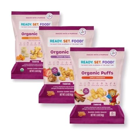 Organic Puffs - Early Allergen Introduction Snack Puffs w/ 9 Top Allergens by Ready Set Food, No Added Sugar, Babies 8+ Months, Variety 3-Pack (Peanut Butter Berry, Apple Cinnamon, Pumpkin Banana) Cover