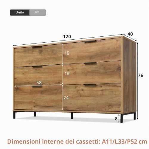 SogesHome Cassettiera con 6 cassetti, 120 x 40 x 76 cm, in rovere scuro