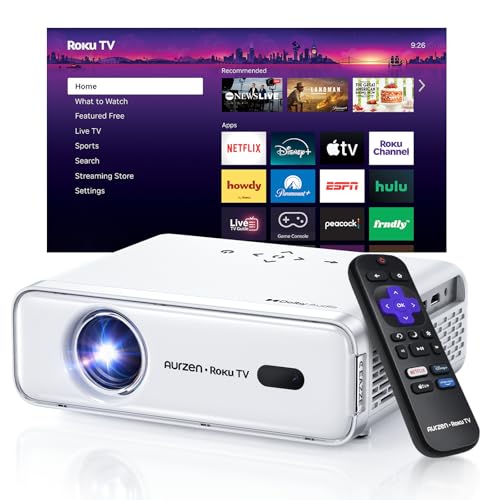 Image of Aurzen Roku TV Smart Projector with Wifi and Bluetooth, Roku Streaming Experience Built-in, 1080P FHD, Dolby Audio, Auto Focus & Keystone, Zoom, Movie Portable Outdoor Mini Projector, White