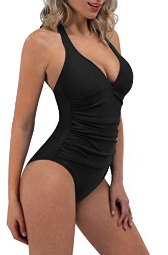 ESPIDOO Women\'s V Neck One Piece Swimsuit Athletic Training Swimwear Bathing Suits, L
