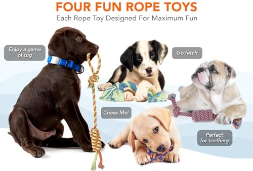 Image of Dog Rope Toys Set of 5 - Tough Chew Toys for Aggressive Chewers & Large Breeds | Heavy Duty Indestructible Cotton Dental Knot Toys | Puppy Teething Tug Toy Kit | Multicolor