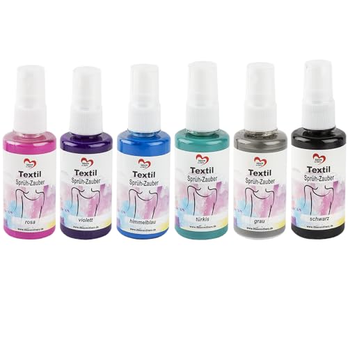 Ideen mit Herz Textil-Sprühfarbe 6x 50ml 6 Farben | Hochpigmentierte Farben für helle Textilien | Auf Wasserbasis (Sprüh-Zauber 2 | rosa violett himmelblau türkis grau schwarz)