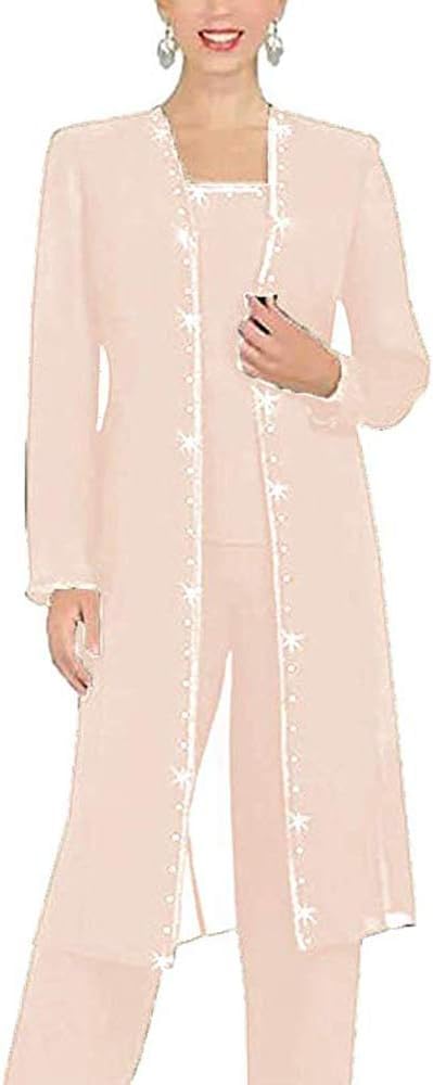 Leader of the Beauty 3 Piece Chiffon Beaded Pant Suits Mother of The Bride Pant Suits with Long Jacket for Women Formal 18 Champagne