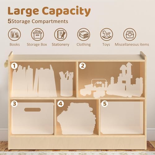 Image of Wooden Kids Storage Cabinet, 5-Section Toddler Montessori Bookshelf, Kids Organizer for Classroom, Playroom, Kindergarten, Medium Size