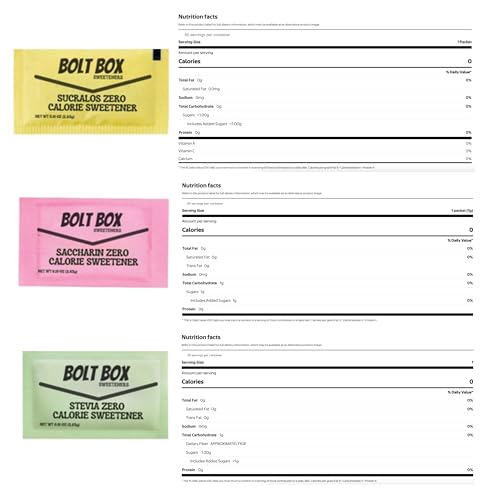 (300 total, 50 each) Bolt Box Sugar & Sweetener Packets Box - Cane Sugar Packets, Turbinado Sugar packets, Sugar Substitute Packets, Plastic Coffee Stirrers