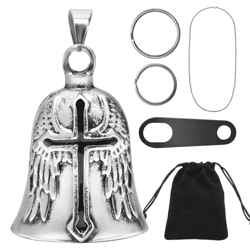 Image of Black Cross Motorcycle Bell Guardian Angel, Good Luck Motorcycle Bell Bikers with 2 Key Chain Ring Accessories, Black Hanger, Velvet Pouch and Titanium Steel Necklace