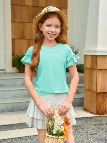 Image of Haloumoning Girls Ruffle Short Sleeve T Shirts Kids Summer Crewneck Tops Cute Tees Blouse 5-14 Years