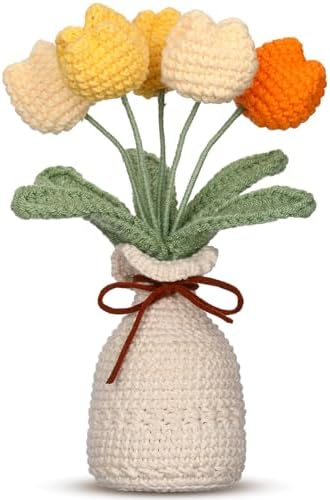 Hand Woven Crochet Tulip Bouquet with Vase - 7.1 Inch Artificial Forever Flowers for Home Decor - 1