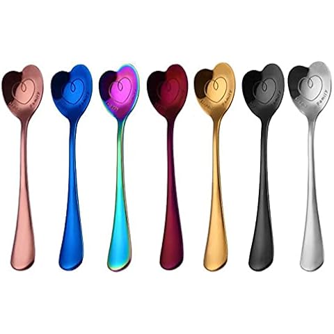 Coffee Teaspoons,7 Colors Heart Shaped Spoons,Stainless Steel Coffee Spoon,Cute Spoon Set,Dessert/Ice Cream/Stirring Spoons/Love/Sugar Spoons Cover