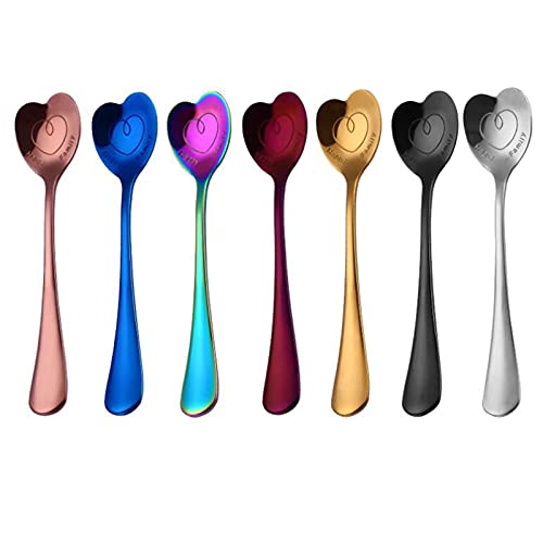 Coffee Teaspoons,7 Colors Heart Shaped Spoons,Stainless Steel Coffee Spoon,Cute Spoon Set,Dessert/Ice Cream/Stirring Spoons/Love/Sugar Spoons