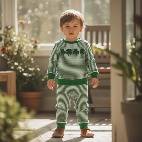 Image of Toddler Baby Boy St Patricks Day Outfit Infant Lucky Clover Sweatshirt Pants Set Little Kids Spring Warm Clothes