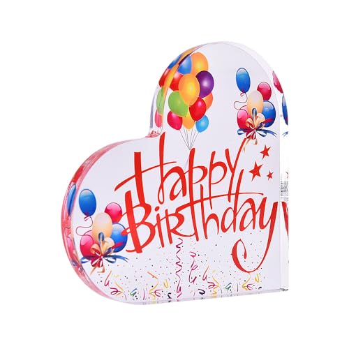Happy Birthday Acrylic Plaque Desk Decor Gift for Women Men Heart Shape Birthday Gifts for Daughter Friend Clear Acrylic Ornament for Home Office Decorative Signs