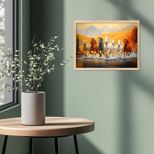 Image of HOTHOUSE Seven Running Vastu Lucky Horse Rising Sun Painting Wall Decor | 7 Horses Vastu Frame Wall Art Painting for Living Room Bedroom Office Home Decor Size (19X25 inch)