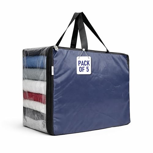 Image of CRASOME Pack of 5 Storage Bag for Saree Covers, Clothes, Lehenga, Bedsheets, Toys, Docs|Wardrobe Organizer|Transparent Window Storage Box Bag - (STB-MT-BLU-PACK-5)