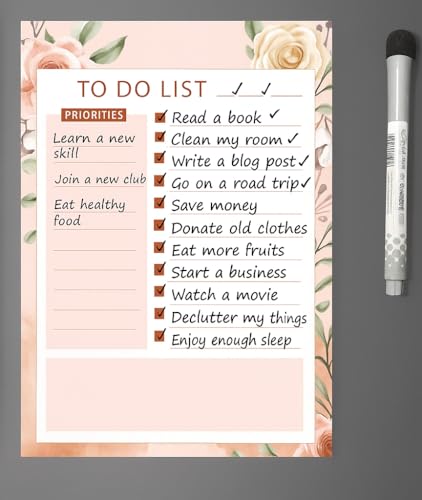 Image of AccuPrints A4 Floral to-Do List Notepad with Priority Section (23x30cm) or 9x12 inch with Magnetic Marker Pen - Dry Erase Flexible Writing Film for Kitchen Fridge /Office Godrej /Metal Wardrobe