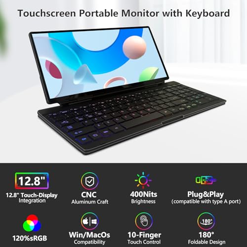 Image of 12.8 inch Portable Touchscreen Keyboard Monitor Stretched Bar Screen Extender with Silent Keyboard Foldable Mini RPi Display Type-C USB-A Monitor for Macbook Laptop Windows Desktop Mini PC (12.8 inch)