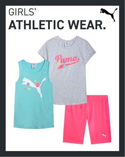 Image of PUMA Girls' Active Shorts Set - 3 Piece Performance T-Shirt, Tank Top, Bike Shorts - Summer Athletic Outfit for Girls (7-14)
