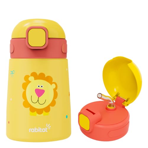 Image of rabitat Milo Stainless Steel Water Bottle 350ml | 2 Year Brand Warranty | BPA Free | Leakproof Steel Sipper Bottle for Kids | Flip Lock Lid with Straw | Easy Carry Handle | Sunny Roar