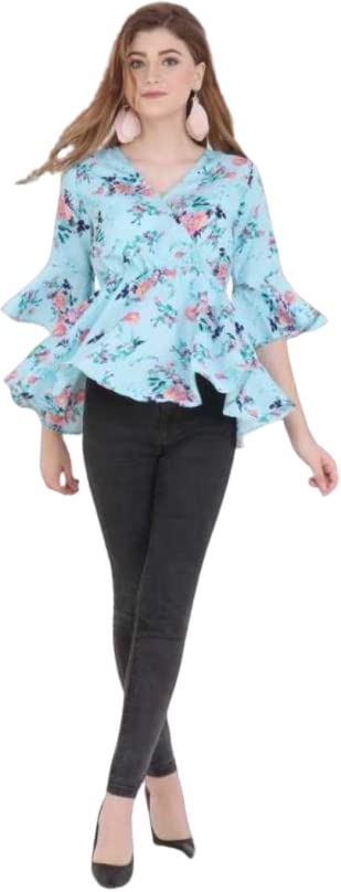 Image of f-apparel Women's Casual Floral Printed Light Blue Top