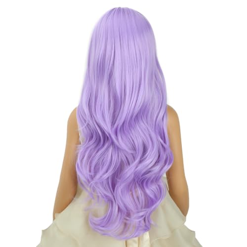 Image of Lavender Purple Wig Long Light Purple Wavy Curly Wig Middle Part Wigs Heat Resistant Synthetic Wigs with Cap (Small Size)