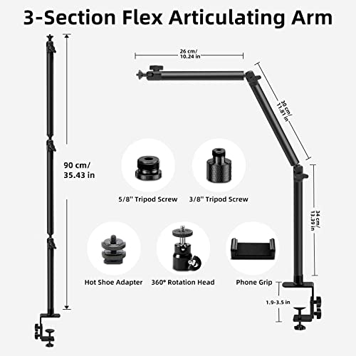 Obeamiu Overhead Camera Mount Desk Stand, Flexible Articulated Arm DSLR Desk Mount Light Stand Phone Holder with 1/4" 3/8'' 5/8'' Screw, Clamp Tabletop Stand for Podcasting/Light/Blue Yeti Nano/Webcam