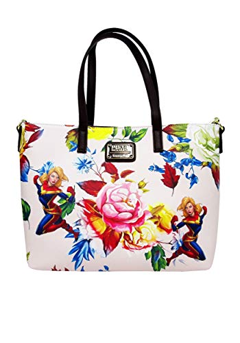 Captain Marvel Floral Print Faux Leather Loungefly Tote Standard, White