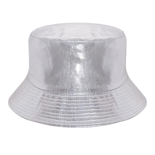 Fumwase Metallic Bucket-Hat Unisex Trendy Fisherman Sun Cap Packable Party Accessories Hats for Men Women (Sliver)
