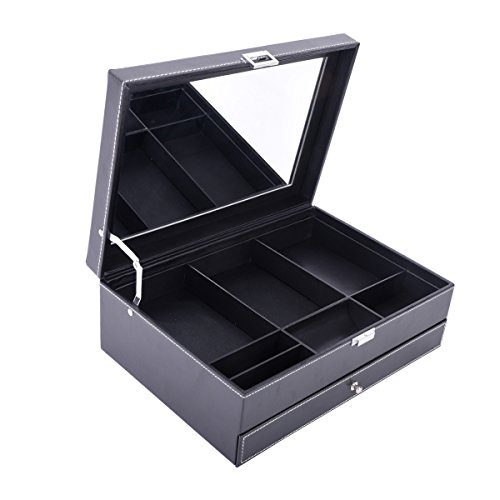 Autoark Leather Dresser Valet Jewelry Watch Organizer,Desktop Organizer for Keys,Coins,Wallet,Smartphone,Watches,Sunglasses and Accessories,Metal Buckle & Large Mirror,Big-Capacity,Black,AW-127