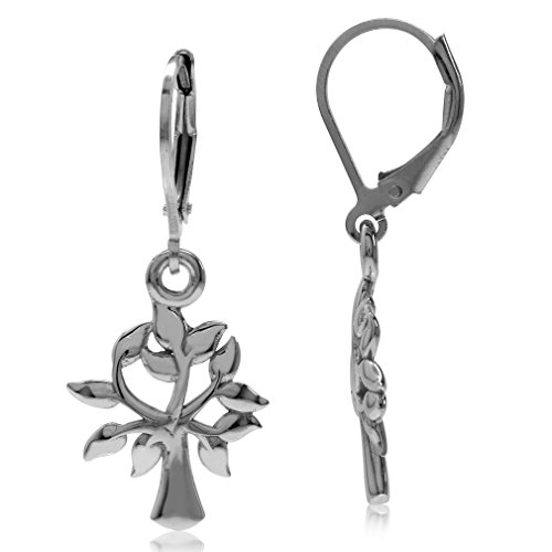 Silvershake White Gold Plated 925 Sterling Silver Tree of Life Leverback Dangle Earrings