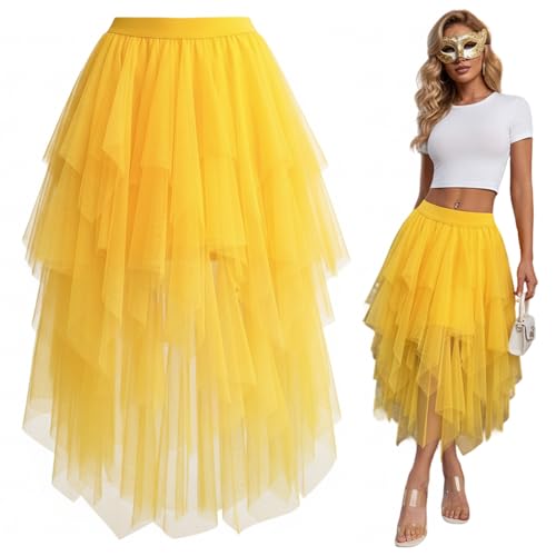 Jupe midi en tulle jaune à taille élastique pour femme