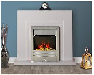 ModaNuvo Modern White Electric Fireplace, Flat Wall 2KW Brushed Silver Electric Fire Surround