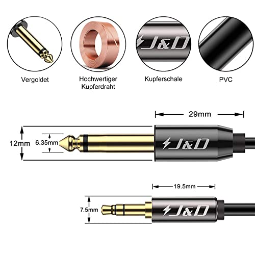 Aux-Kabel J&D 6,35mm 1/4 Zoll TS auf 3,5mm 1/8 Zoll TRS