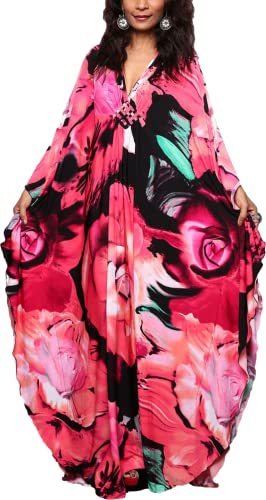 Swimsuit Cover ups Ink and Wash Pink Flower Caftan Women's Floral Print Caftan Turkish Caftan Silk Wrinkle Ethnic Kaftans Oversized Caftans Lounge Wear Dress(8693-26)