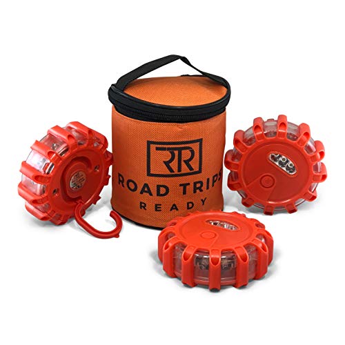 SeeMe LED Road Flares 3 Pack by Road Trips Ready - Waterproof Magnetic Emergency Hazard Flashing Disc Lights with Flashlight, Storage Bag, and Batteries - for Cars, Trucks, Jeeps, RVs, Boats, Bikes