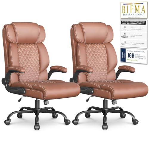 Image of Office Chair-Executive High Back Breathable Big and Tall Office Chair Flip-up Armrests Lumbar Support-Ergonomic Leather Rolling Swivel Chair with Rock Function for Working Studying Gaming,2 Pack