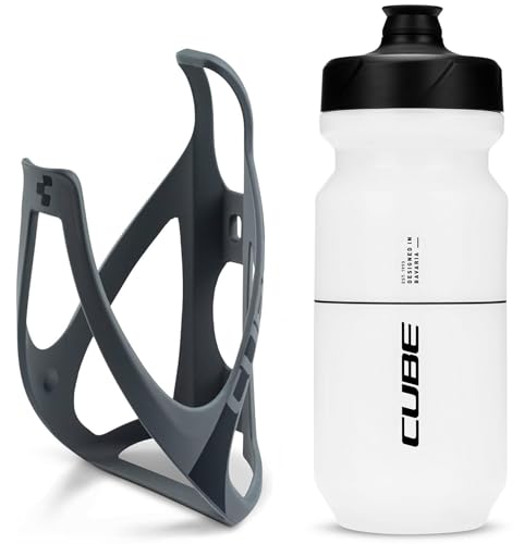 Cube HPP Cage - Matt Grey/Black & Flow Bottle - Clear, 500ml / Water Drink Flask Vessel Bidon Holder Mount Bracket Kit Lightweight Plastic Drinking Hydration Biking Bike Riding Frame Accessories