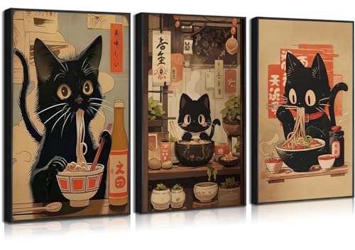 3Pcs Japanese Ramen Cat Wall Art Funny Cat Eating Ramen Posters Prints Vintage Japan Kitchen Pictures Cute Black Cat Wall Decor for Dining Living Room Animal Lover Gifts 12x16in Unframed