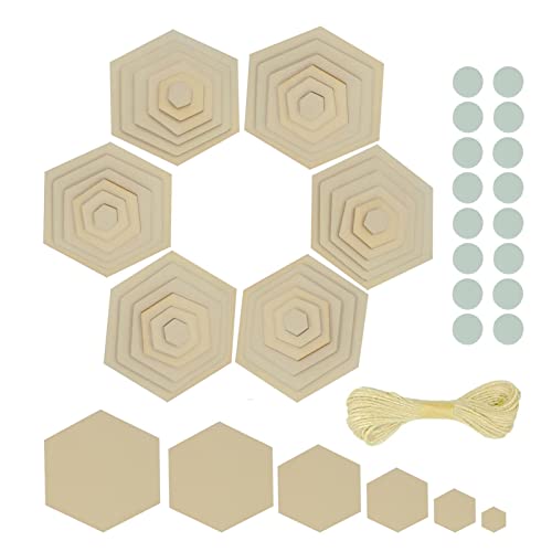 200Pcs Unfinished Wood Cutout Hexagon Shape For Crafts, Various Sizes Hexagon Wood Pieces Unfinished Blank Wood Slice Tiles With Double-Sided Tape And Twine For Home Decoration #TOP3